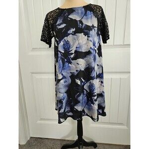 Lucky Brand Denim Floral Lace Shift Dress Lace Sleeves Size S